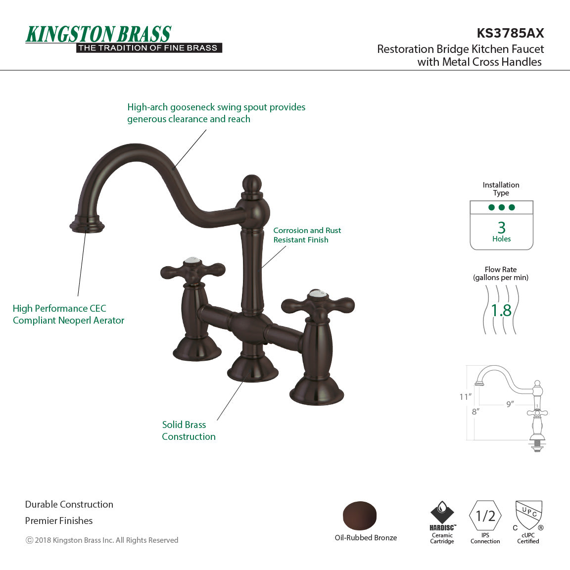 Kingston Heirloom KS3785AX - Restoration Two-Handle 3-Hole Deck Mount Bridge Kitchen Faucet, Oil Rubbed Bronze — thumbnail 2